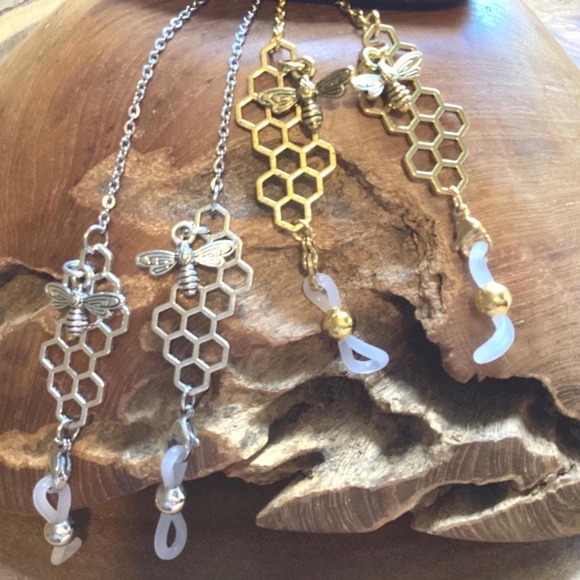 Handmade Accessories - Honeycomb Bee Eyeglass Chain Whimsical Readers Holder Gold or Silver 27" Long
